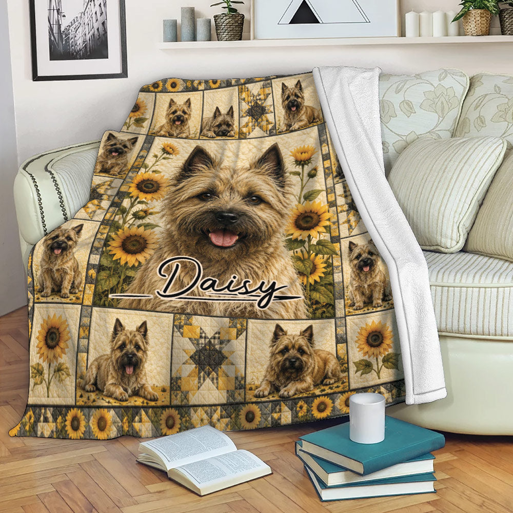 Cairn Terrier blanket displayed on a sofa with sunflower dog artwork for cozy living room decor