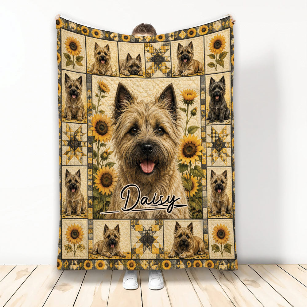 Cairn Terrier throw blanket with sunflower artwork and multiple dog portraits in a warm rustic design