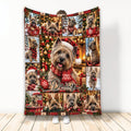 Cairn Terrier Christmas blanket displayed upright with festive plaid, ornaments, gifts, and holiday dog artwork