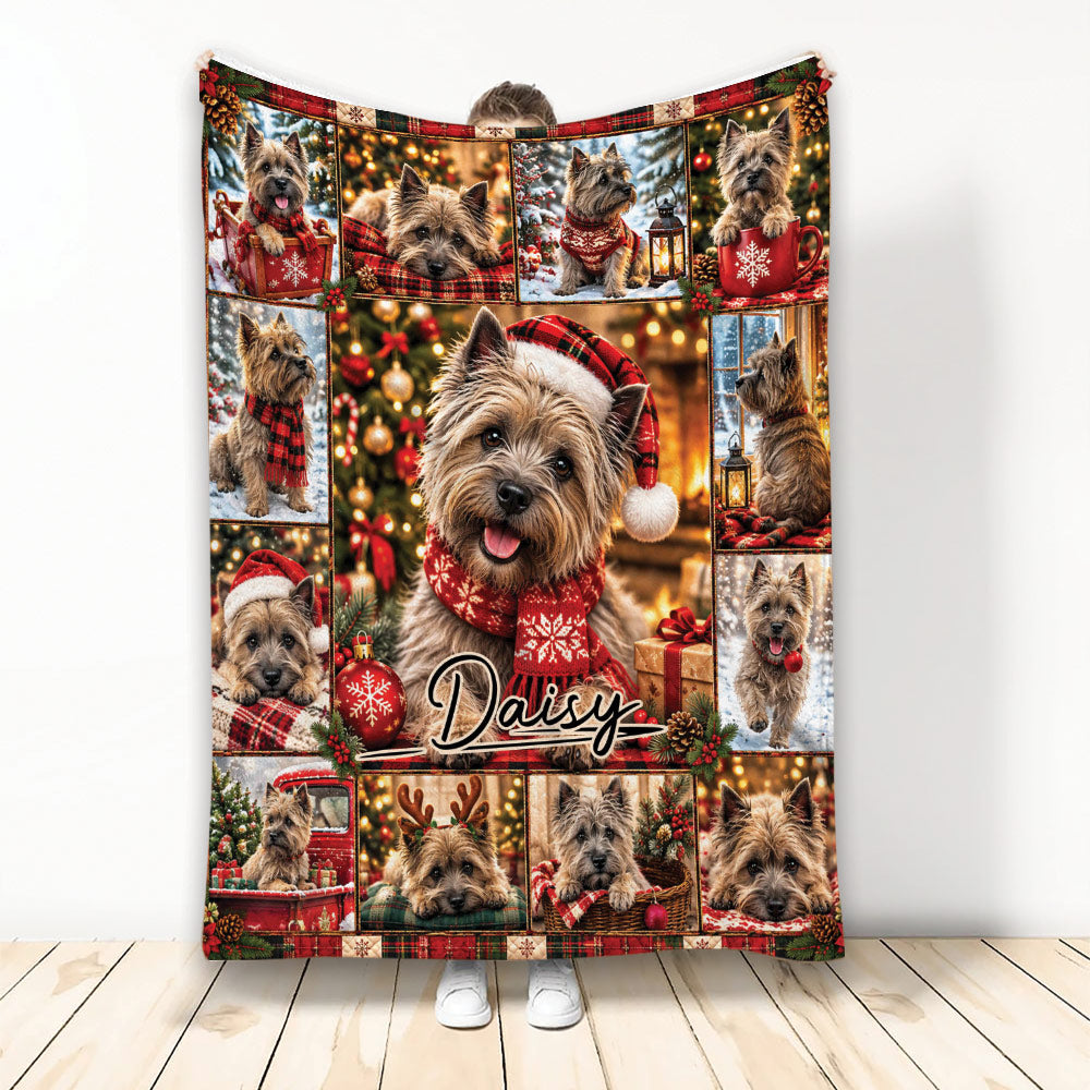Cairn Terrier Christmas blanket displayed upright with festive plaid, ornaments, gifts, and holiday dog artwork