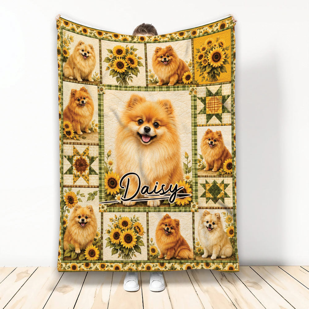 Pomeranian throw blanket displayed upright with sunflower panels, dog portraits, and warm rustic artwork