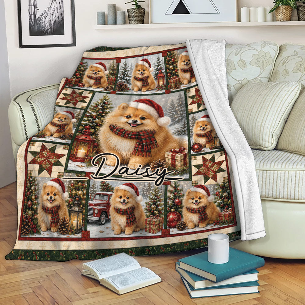 Pomeranian Christmas throw blanket draped over a sofa with holiday dogs, trees, gifts, and lanterns