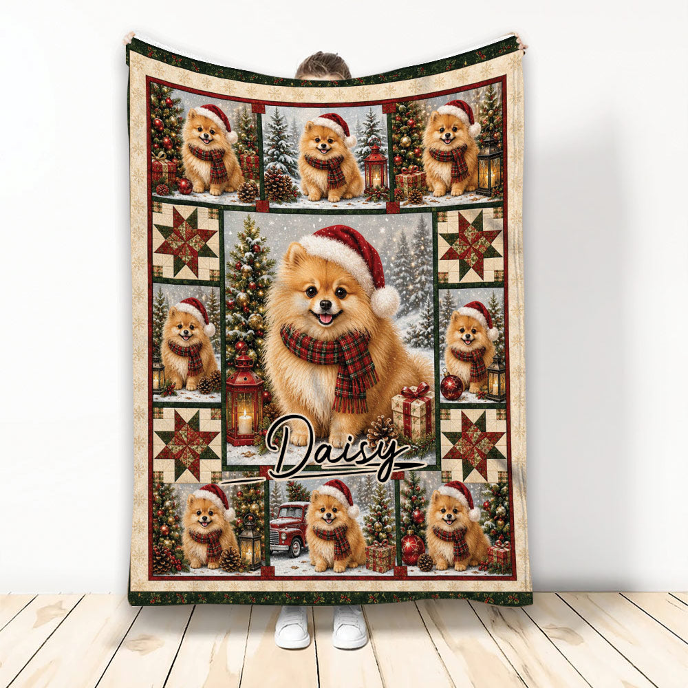 Pomeranian Christmas blanket displayed upright with Santa hats, scarves, presents, trees, and festive panels