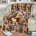 Pomeranian holiday blanket styled on a sofa with Santa hats, scarves, Christmas trees, and presents
