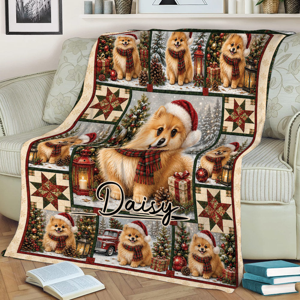 Pomeranian holiday blanket styled on a sofa with Santa hats, scarves, Christmas trees, and presents