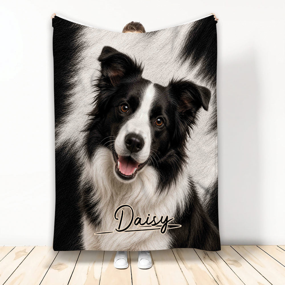 Black-and-white Border Collie artwork displayed on a custom throw blanket