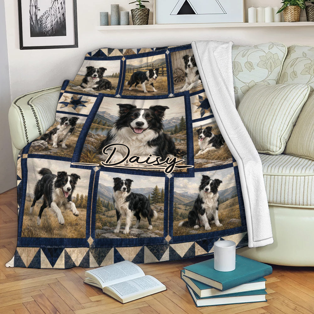 Border Collie throw blanket draped over a sofa with scenic dog artwork and a cozy living room setting