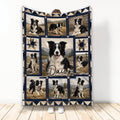 Border Collie throw blanket displayed with multiple dog portraits, mountain scenery, and rustic navy accents