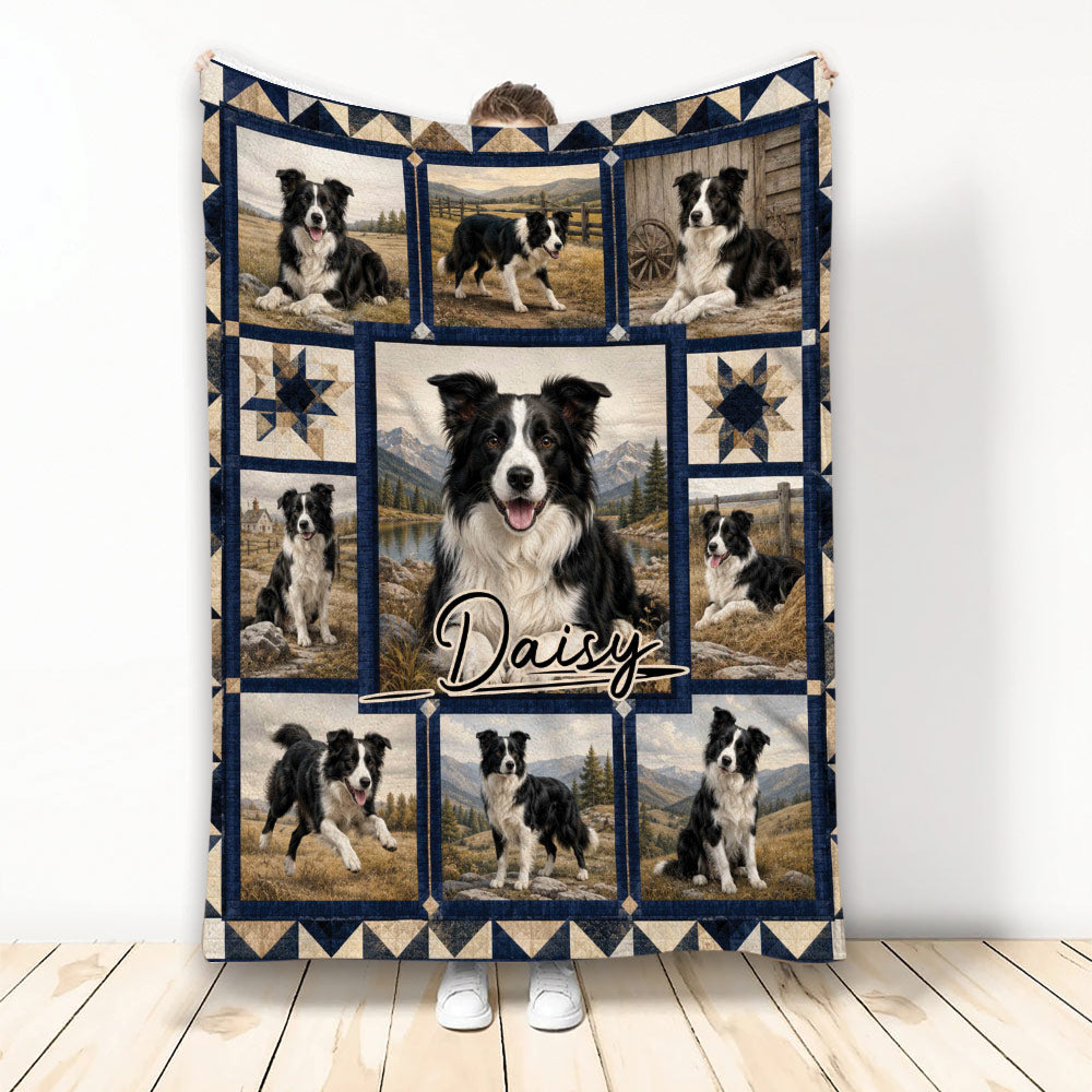 Border Collie throw blanket displayed with multiple dog portraits, mountain scenery, and rustic navy accents