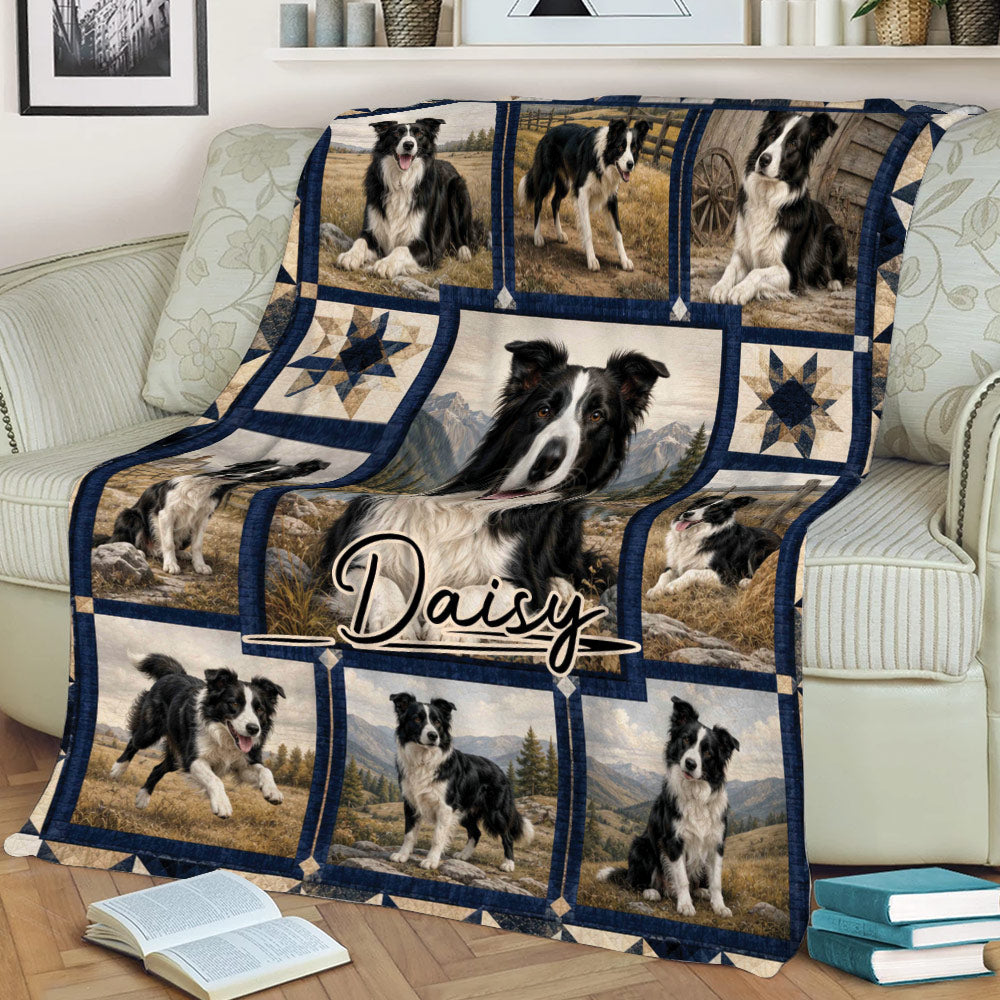 Border Collie throw blanket spread across a sofa, featuring black and white dogs, mountain scenes, and rustic patterns