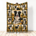 Border Collie blanket with sunflower collage artwork and multiple black and white dog portraits