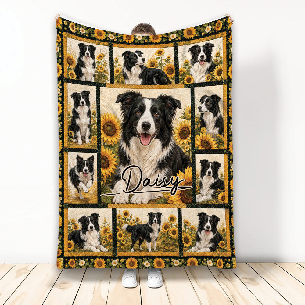 Border Collie blanket with sunflower collage artwork and multiple black and white dog portraits