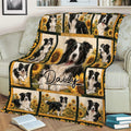 Close view of a Border Collie blanket draped over a sofa with sunflower-themed dog artwork