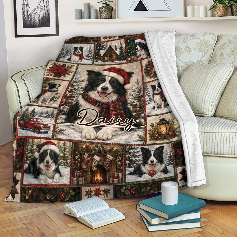 Border Collie Christmas blanket draped over a sofa in a cozy living room