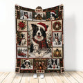 Border Collie Christmas throw blanket with snowy scenes, wreaths, poinsettias, and holiday artwork