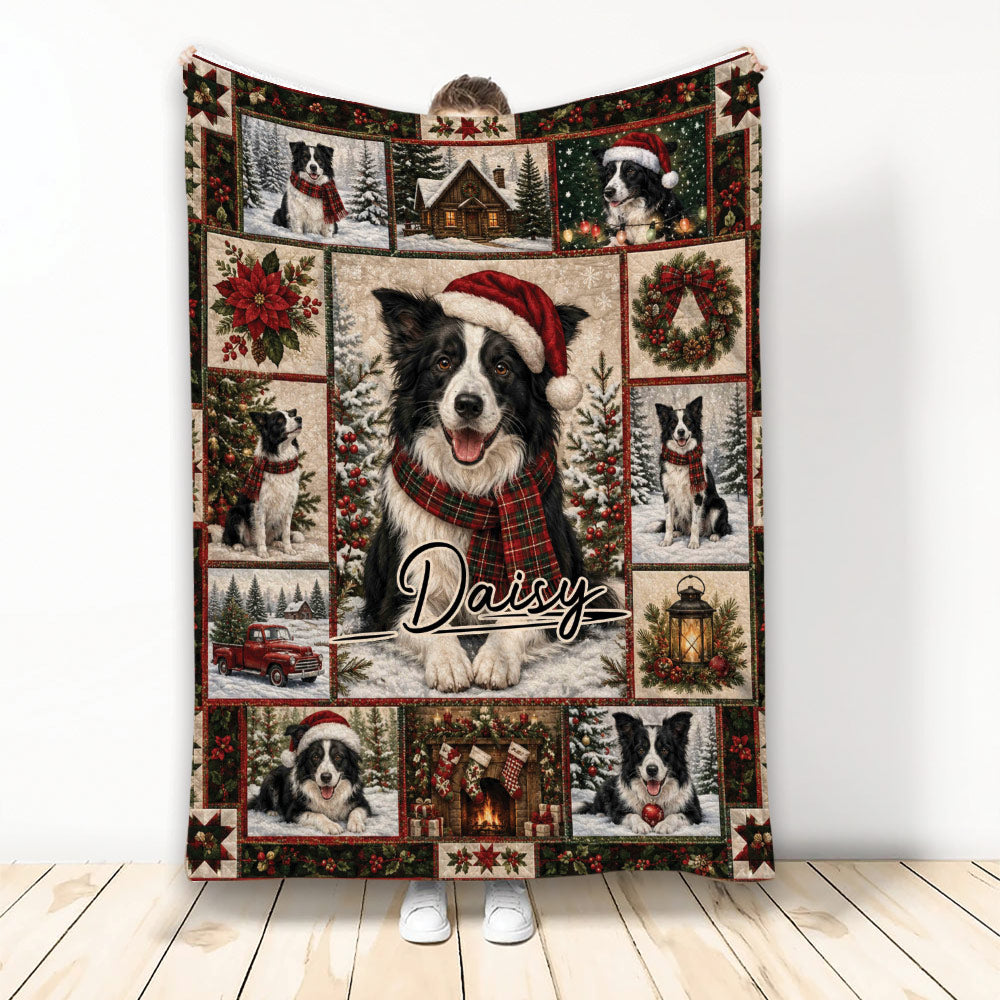 Border Collie Christmas throw blanket with snowy scenes, wreaths, poinsettias, and holiday artwork