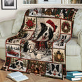Border Collie holiday throw blanket displayed across a sofa with winter Christmas artwork
