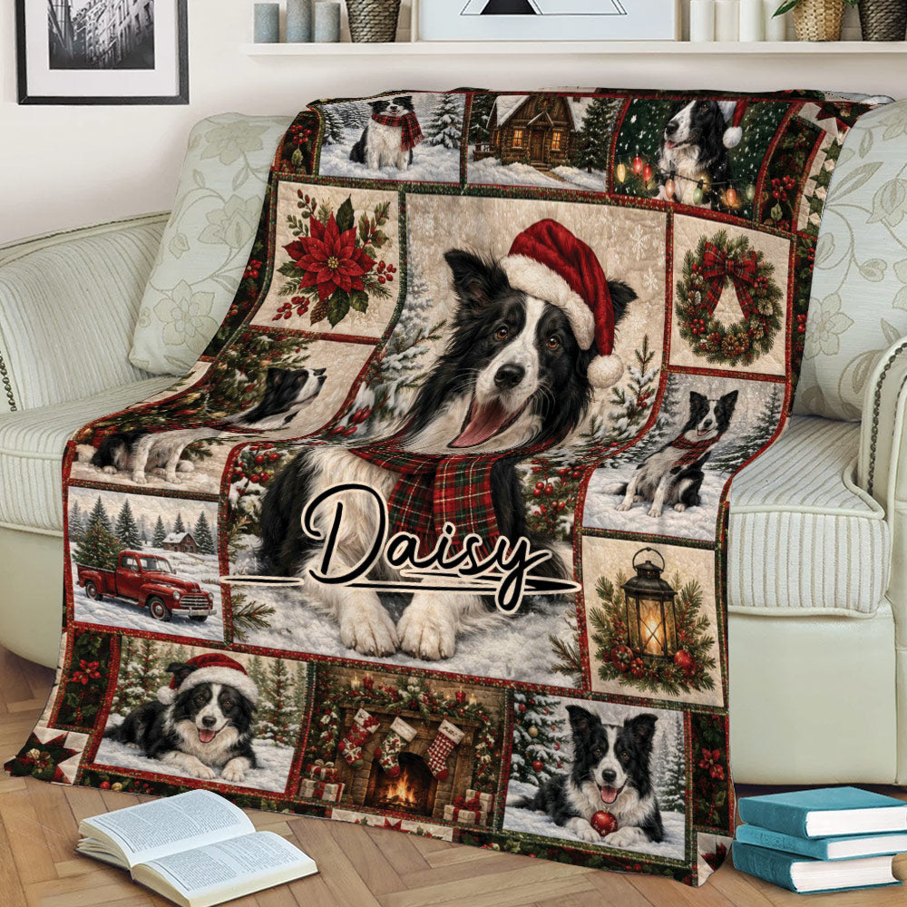 Border Collie holiday throw blanket displayed across a sofa with winter Christmas artwork