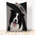 Black and white Border Collie blanket displayed with a bold gray and black stitched-style background