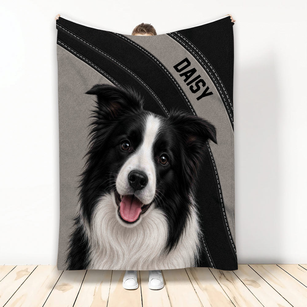 Black and white Border Collie blanket displayed with a bold gray and black stitched-style background