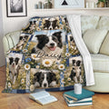 Border Collie blanket draped over a sofa, featuring multiple dog portraits, wildflowers, and blue floral borders