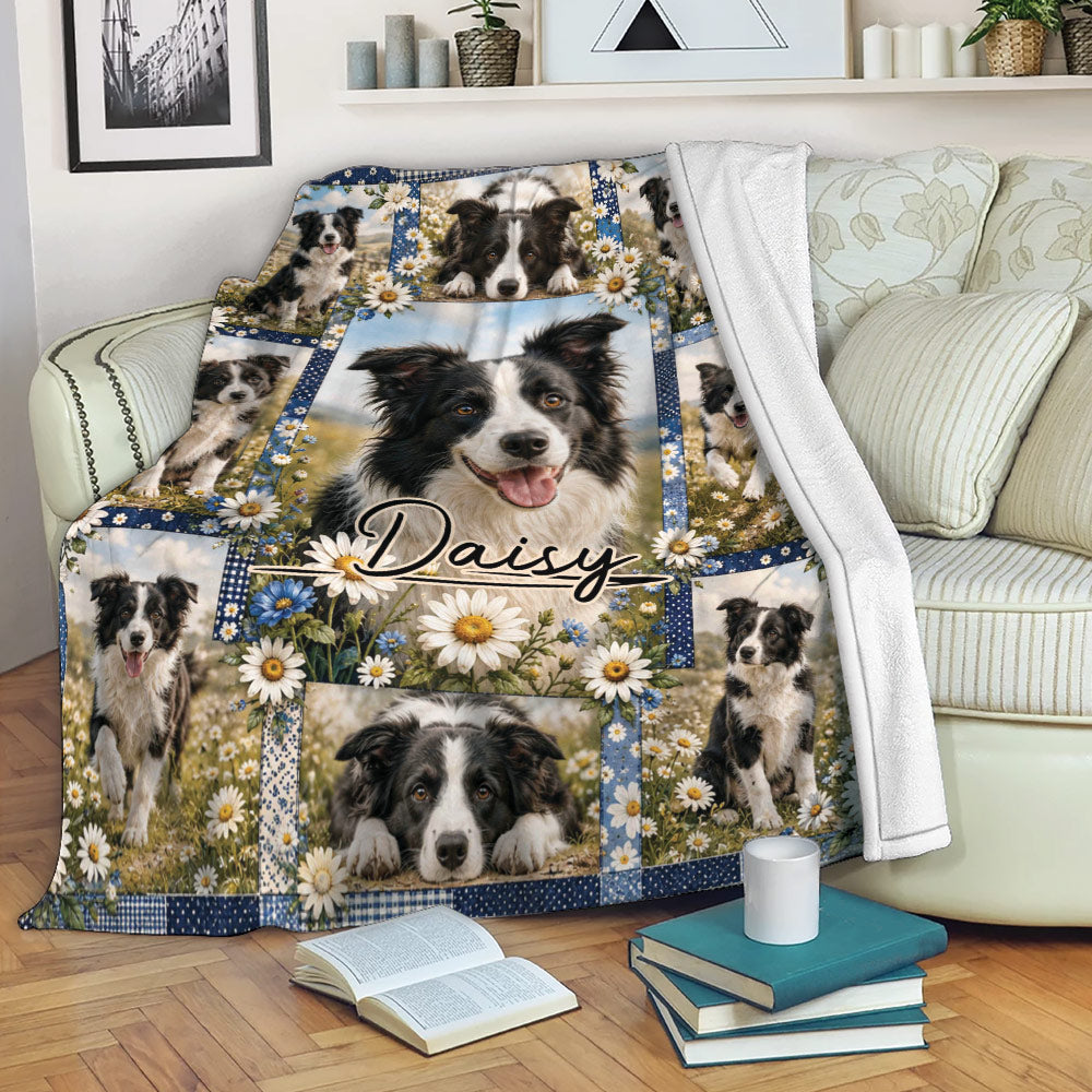 Border Collie blanket draped over a sofa, featuring multiple dog portraits, wildflowers, and blue floral borders