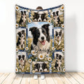 Border Collie throw blanket displayed with black-and-white dog portraits, daisies, blue accents, and floral artwork