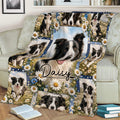 Floral Border Collie throw blanket styled on a couch with scenic dog portraits and daisy artwork