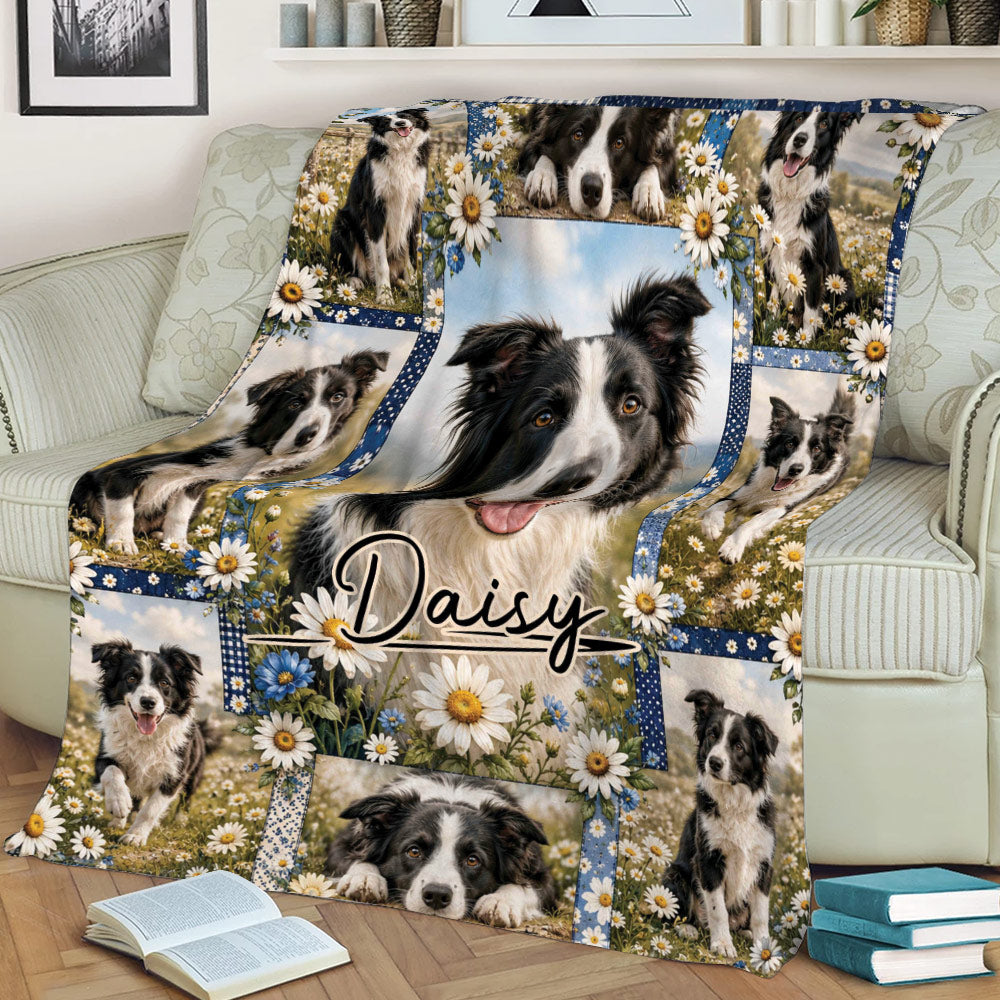 Floral Border Collie throw blanket styled on a couch with scenic dog portraits and daisy artwork