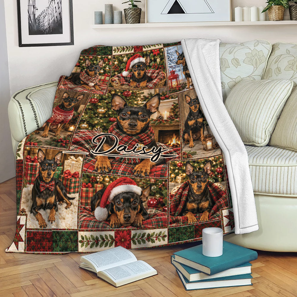Christmas Miniature Pinscher throw blanket draped over a couch with festive dog portraits and holiday artwork