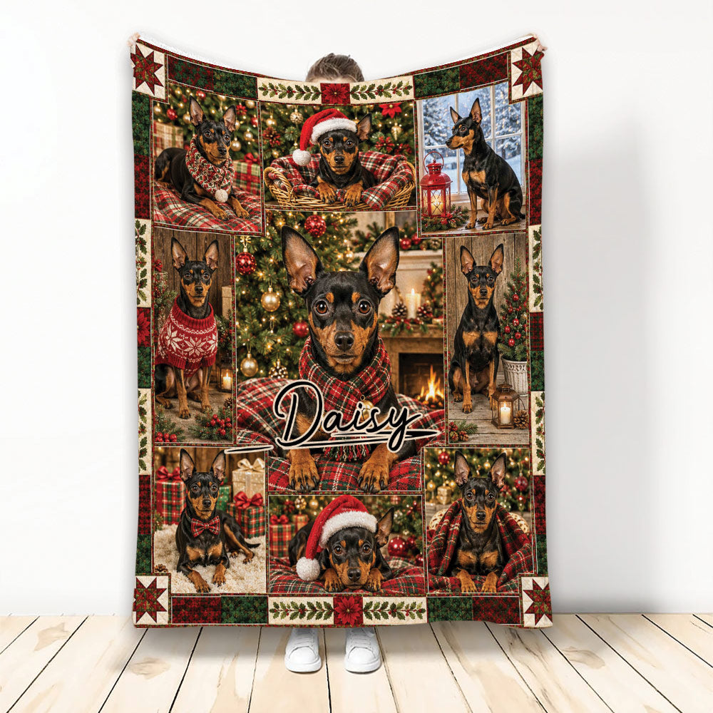 Christmas Miniature Pinscher blanket displayed with festive dog portraits, plaid accents, ornaments, and holiday decor