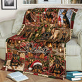 Miniature Pinscher Christmas blanket styled on a couch with plaid portraits, presents, ornaments, and a fireplace