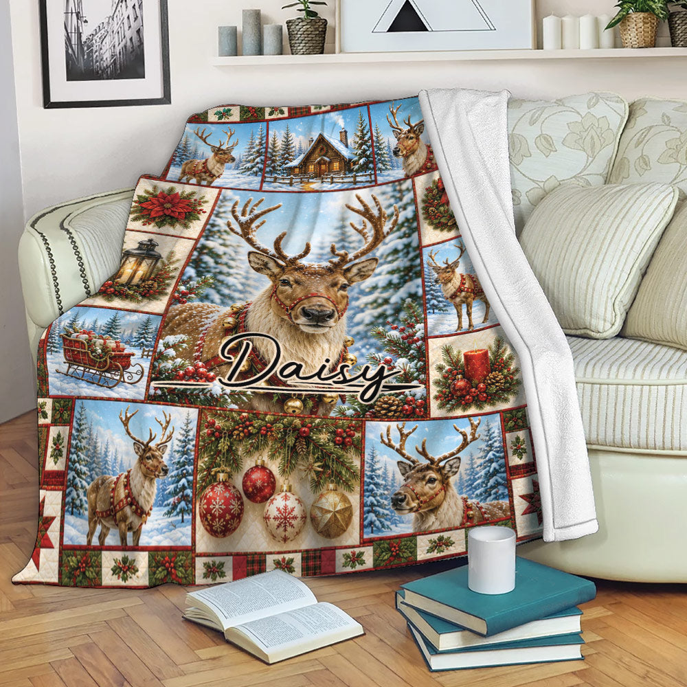 Festive deer throw blanket displayed on a sofa with snowy reindeer, ornaments, greenery, and cabin artwork