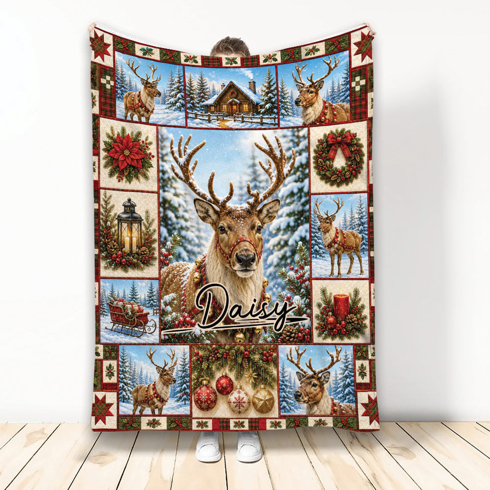 Christmas deer blanket with snowy reindeer, cabin scenes, wreaths, poinsettias, and festive red plaid