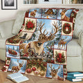 Cozy Christmas deer blanket draped over a couch with reindeer, snowy forest scenes, wreaths, and ornaments