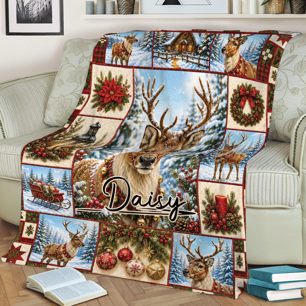 Cozy Christmas deer blanket draped over a couch with reindeer, snowy forest scenes, wreaths, and ornaments