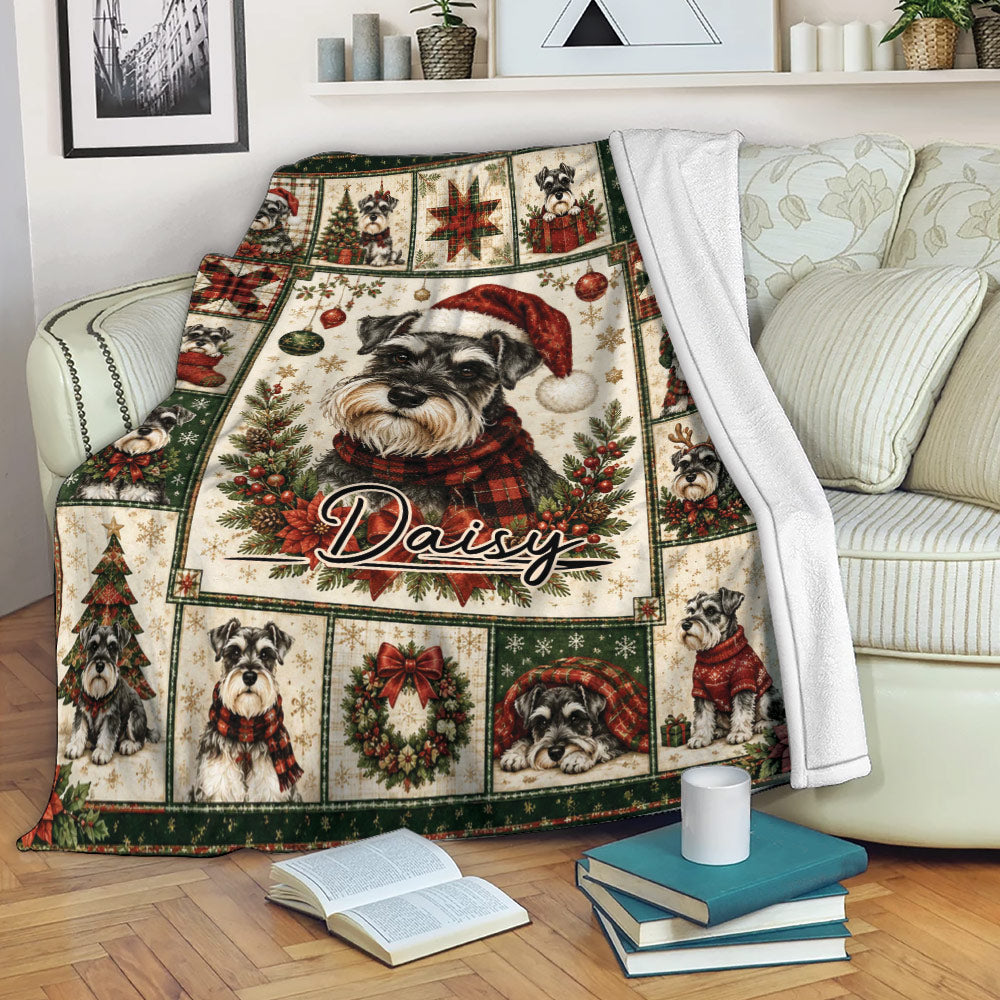 Miniature Schnauzer Christmas blanket draped over a sofa in a cozy living room