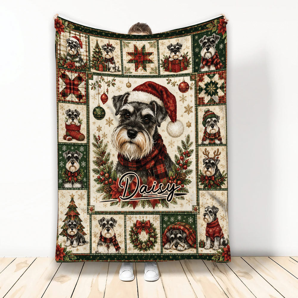 Christmas Miniature Schnauzer throw blanket displayed with festive holiday dog artwork