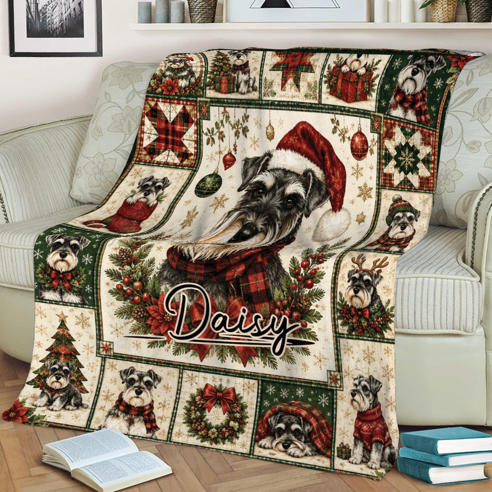 Close view of a festive Miniature Schnauzer blanket styled on a sofa