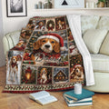 Christmas Beagle throw blanket draped over a sofa with holiday dog artwork and a soft white reverse side