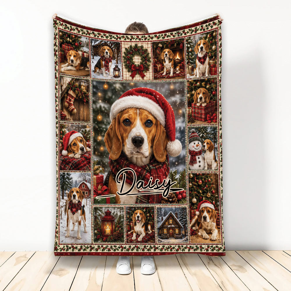 Christmas Beagle blanket displayed upright with festive dog portraits, ornaments, wreaths, and cozy cabin scenes