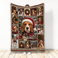 Christmas Beagle blanket displayed upright with festive dog portraits, ornaments, wreaths, and cozy cabin scenes