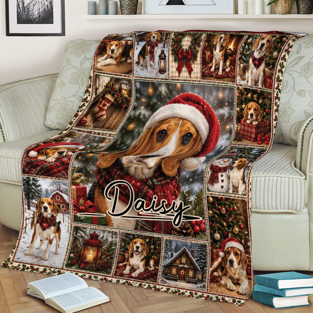 Festive Beagle blanket styled on a sofa with Santa hats, snowy scenes, Christmas trees, and holiday dog artwork