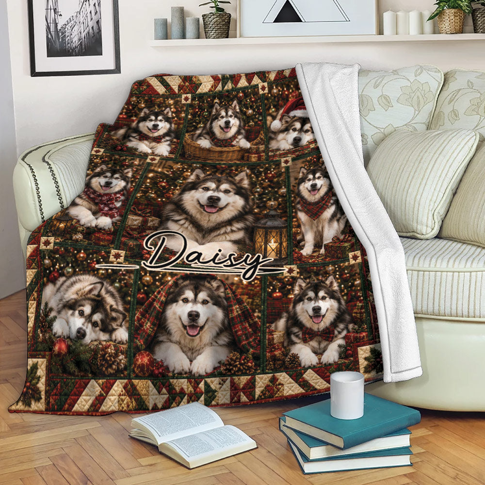 Alaskan Malamute Christmas throw blanket draped across a sofa with holiday portraits and cozy decor