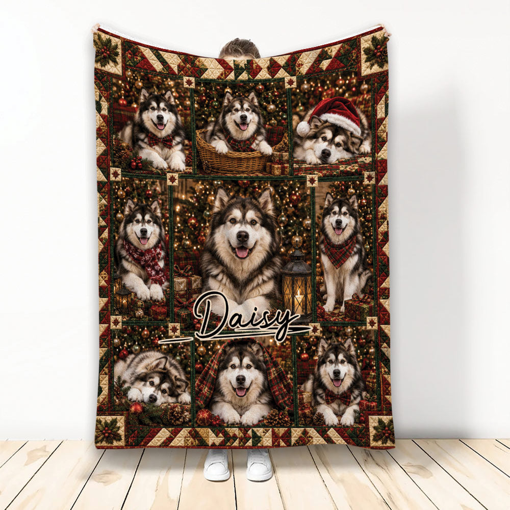 Alaskan Malamute Christmas blanket displayed upright with festive portraits, ornaments, presents, and plaid accents
