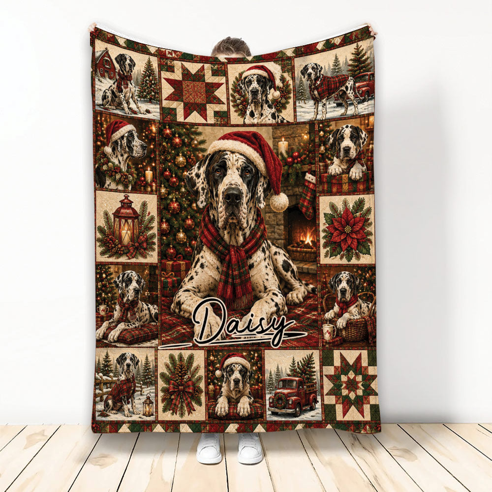 Great Dane Christmas throw blanket with Santa hats, plaid accents, trees, gifts, and cozy holiday scenes