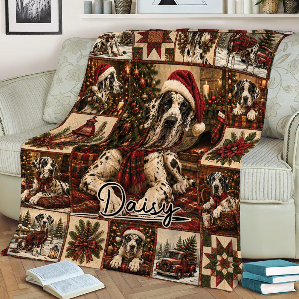 Great Dane holiday throw blanket draped over a couch with Santa hats, Christmas trees, and plaid details