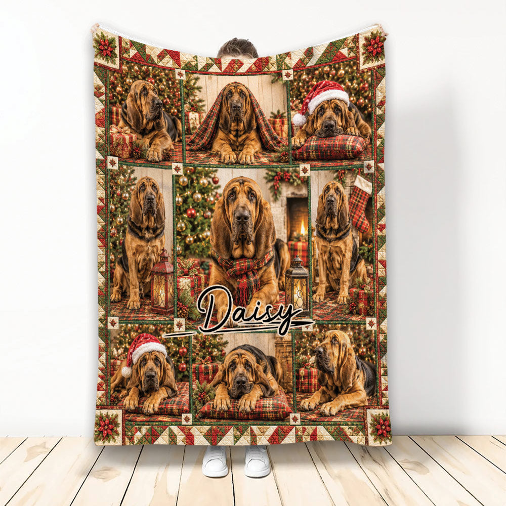 Christmas Bloodhound blanket featuring a festive collage of dogs, gifts, plaid accents, and holiday trees