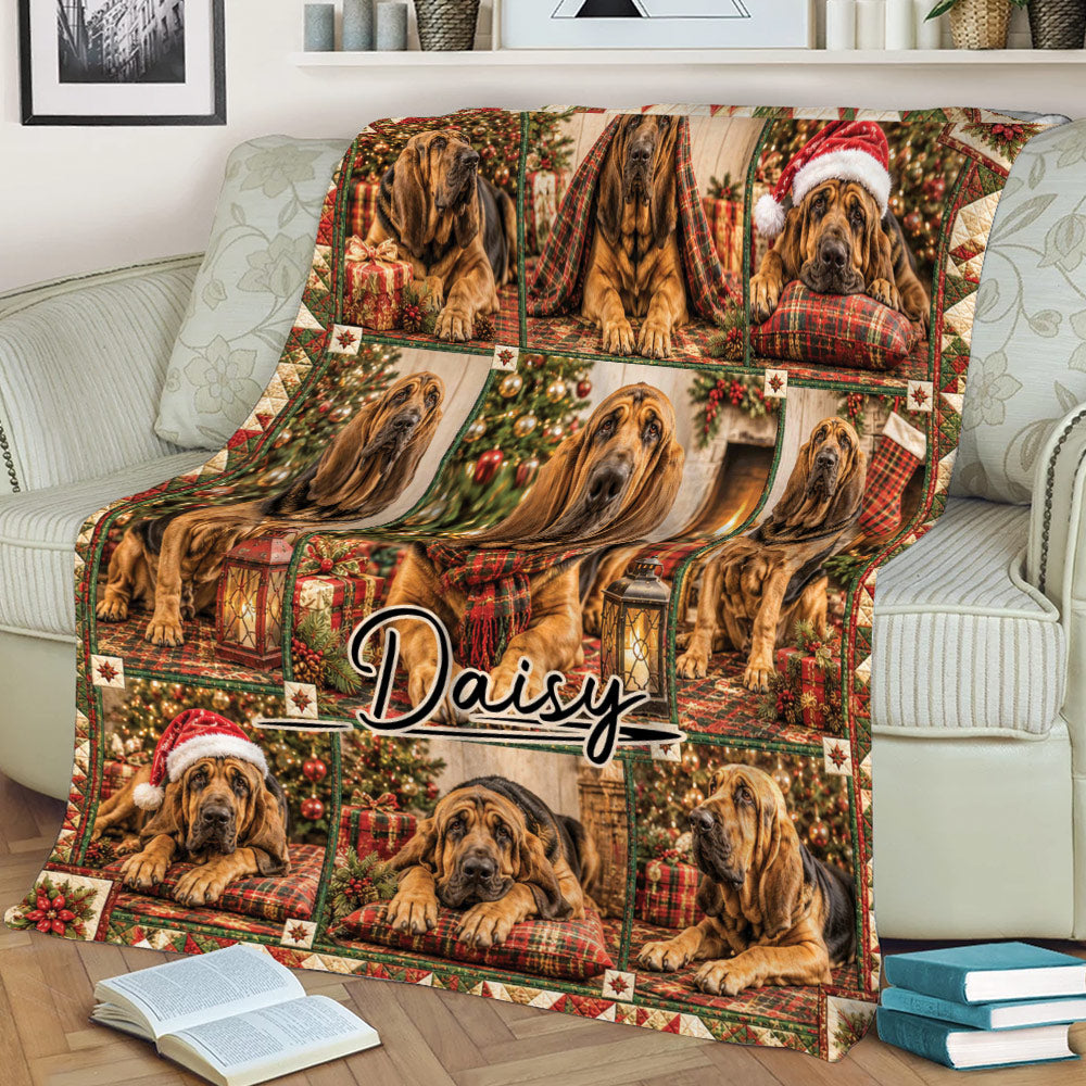 Festive Bloodhound blanket draped over a couch with holiday dog artwork, gifts, and Christmas trees