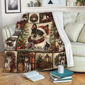 Rat Terrier Christmas blanket displayed on a sofa with plaid holiday scenes and cozy living room decor